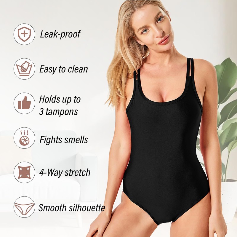 Sahunfri Women's One Piece Leakproof Period Swimwear, black, XL