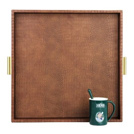 HofferRuffer Elegant Decorative Serving Tray, 20"x20" Square Faux Leather Ottoman Tray with Gold Hardware Handles, Coffee Table Serve Tea Coffee or Breakfast (Antique Brown)