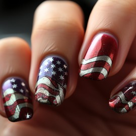 Independence Day Press on Nails Short Square Fake Nail with American Flag Silver Stripe Designs 4th of July Patriotic False Nails Acrylic Glue on Nail Full Cover Stick on Nail for Women 24 Pcs