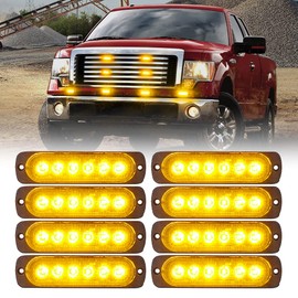 Xprite 8PCS LED Emergency Strobe Lights, Amber 12-LED Surface Mount Flashing Strobe Lights, Sync Feature Ultra Slim Grill Light for Off-Road Vehicles ATV SUV Trucks Cars