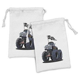 Ambesonne Cars Fabric Pouch Set of 2, Popular Large Suspension Monster Truck Dead Skull Pirate Flag Off to Road Art, Small Drawstring Bag for Toiletries Masks and Favors, 9" x 6", Cadet Blue White