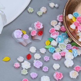sinyanail Sinyanail 3D Flower Nail Charms Set,150pcs Mixed Size Camellia Rose Resin Charms,150pcs Mixed Size and Color Leaves,100pcs Round White Pearl Beads for Nail Accessories Nail Art (15-Rose-6color Blue)