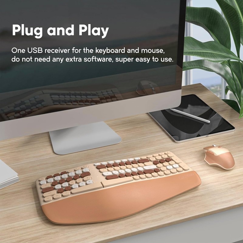 Wireless Ergonomic Keyboard and Mouse Combo with PU Wrist Rest,