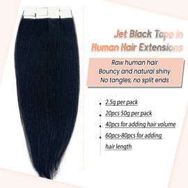 Tape in Hair Extensions 18-20inch Dark Black Straight Human Hair Tape in Tracks 20PCS 50G
