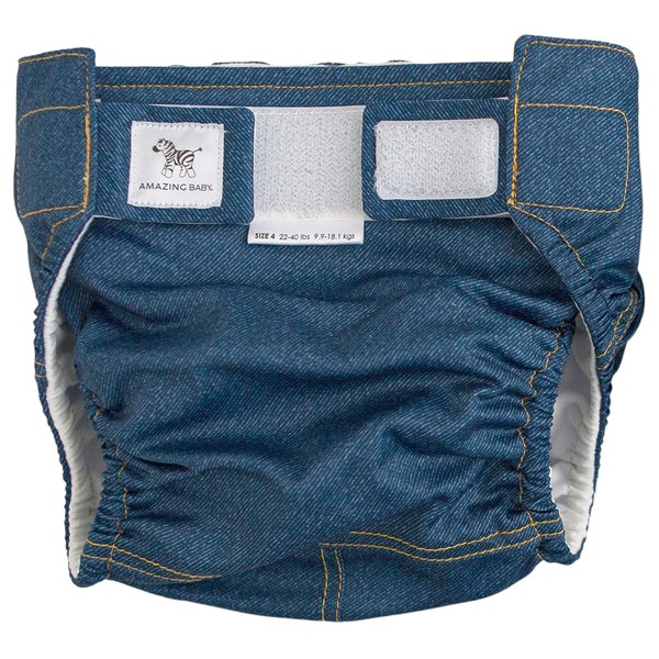 SmartNappy Blue Jeans de Amazing Baby, NextGen - Funda híbrida para pañales + 1 inserto reutilizable de triple pliegue + 1 refuerzo reutilizable, vaquero, tamaño 4, 22-40 libras