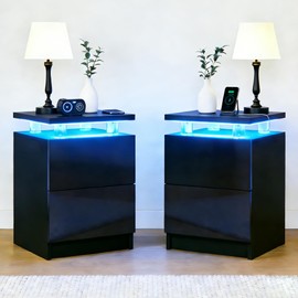 15" Black Nightstand Set of 2 with LED Lights, Modern Bedside Tables for Bedroom, Nightstands with 2 Storage Drawers, 15 Inch Sturdy Storage End Tables, Black