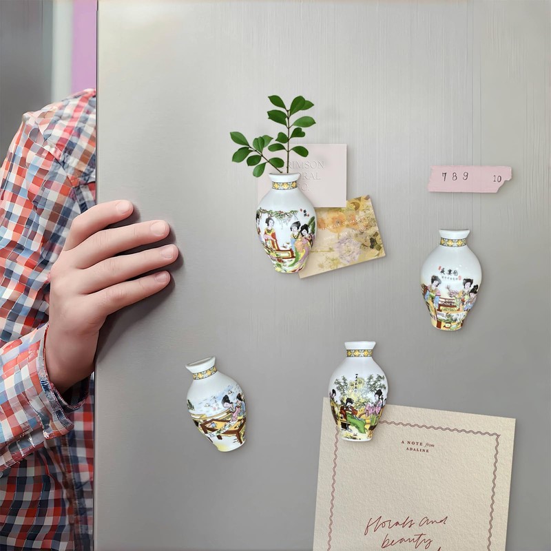 4PCS 3D Ceramic Vase Fridge Magnets, Decorative Ceramic Flower Vase