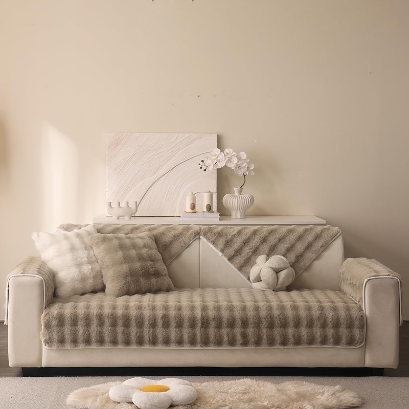 Aucrovee Soft Plush Faux Fur Couch Cover, Thick Warm Fuzzy