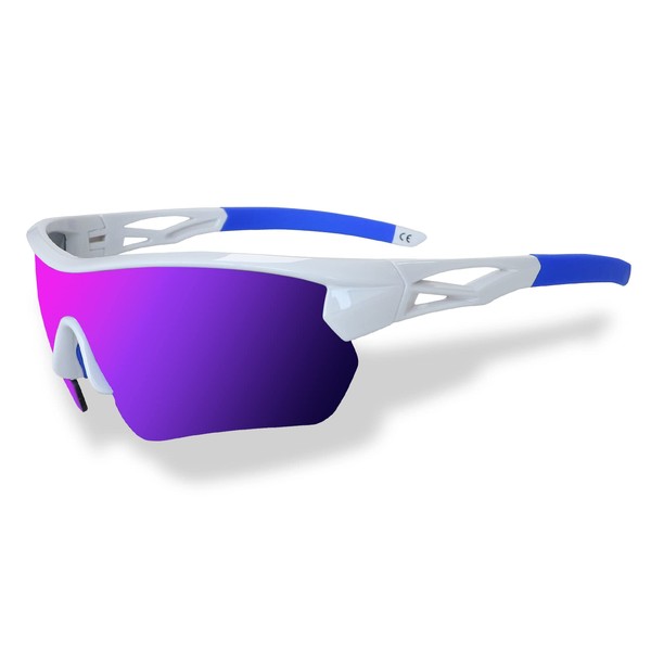 JOGVELO Cycling Glasses, Polarized Sports Sunglasses Men with 5 Interchangeable Lenes for Baseball Running Mtb Softball, Blue&White