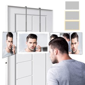 3 Way Mirror with 3 Colors Light, Rechargeable Self Cut Mirror Trifold Mirrors, Adjustable Barber Mirror Telescoping Hooks for Self Hair Cutting, 360 Mirror for Men Shaving Women Dyeing(White)
