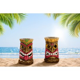 TERESA'S COLLECTIONS Tiki Head Garden Decor with Solar Outdoor Light, Set of 2 Tropical Hawaiian Tiki Torch Resin Garden Sculptures & Statues Patio Pool Yard Summer Decor for Dad 6"