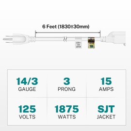 FIRMERST 1875W Heavy Duty Extension Cord 6 Feet 14 AWG 15A White