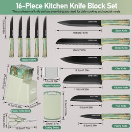 16-Piece Kitchen Knife Block Set with Cutting Board - German Stainless Steel Knives, Built-In Sharpener, Dishwasher Safe, Anti-Slip Handle - All-in-One Cutlery Set for Home/Kitchen (Cyan)