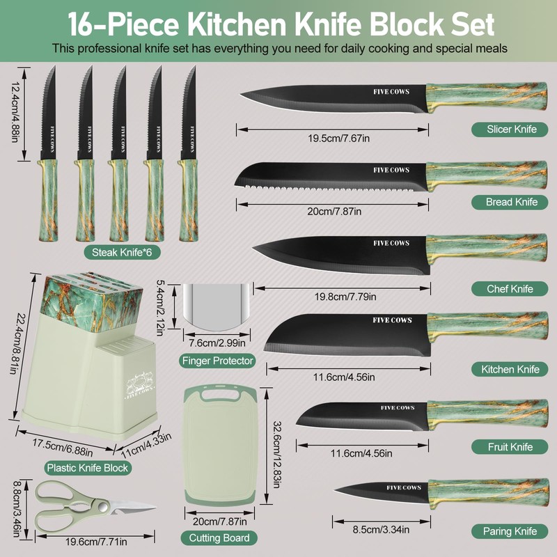 16-Piece Kitchen Knife Block Set with Cutting Board - German