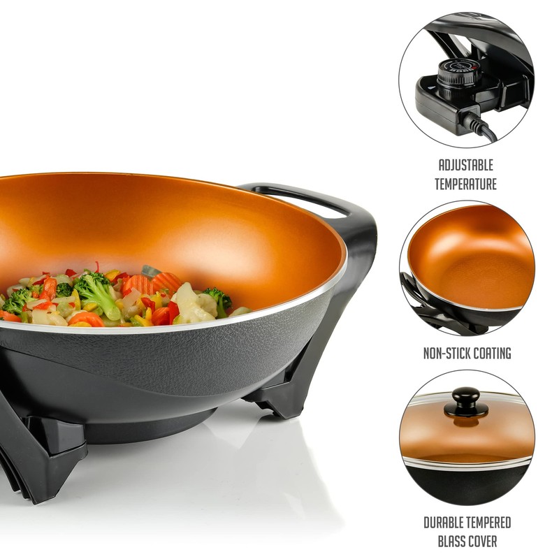 OVENTE Electric Wok with Nonstick Coating, 13 Inch Family-Sized Skillet,