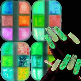 Luminous Nail Glitter Powder, Night Fluorescent Nail Pigment Dust, Glow In The Dark Nail Art Sequins Designs, Holographic 3D Glow Ultra-thin Confetti Acrylic Supplies Set for Women Manicure Decoration