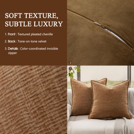 DWR Decorative Throw Pillow Covers Set of 2, 18x18 Crinkled Chenille Textured Cushion Covers for Couch, Sofa or Bed, Modern Rustic Home Accent in Muted Pumpkin Color