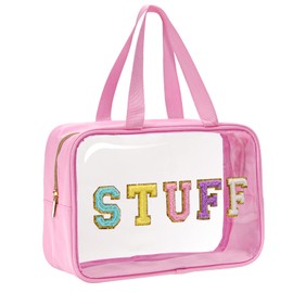 Yowivon Clear Tote Bag Pink Preppy Large Makeup Bag Travel Toiletry Cosmetic Organizer Bag with Handle, Transparent Waterproof Beach Bag Snack Stadium Bags for Women Girls