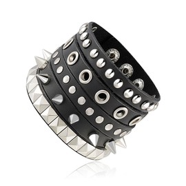 MILAKOO Punk Goth Bracelet Multi Layers Spikes PU Leather Bracelet for Men Women Rock Biker Wide Strap Belt Cuff, Faux Leather, No gemstone