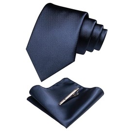 JEMYGINS Navy Formal Necktie and Pocket Square, Hankerchief and Tie Bar Clip Sets for Men