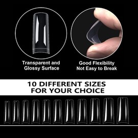 AMOYUN Pack of 500 Long C-Curve Nail Tips, 10 Sizes Soft Gel Nail Tips, Half Cap Nail Tips for Gel Nails, False Nail Tips for Nail Extensions for Nail Studios, Starter DIY