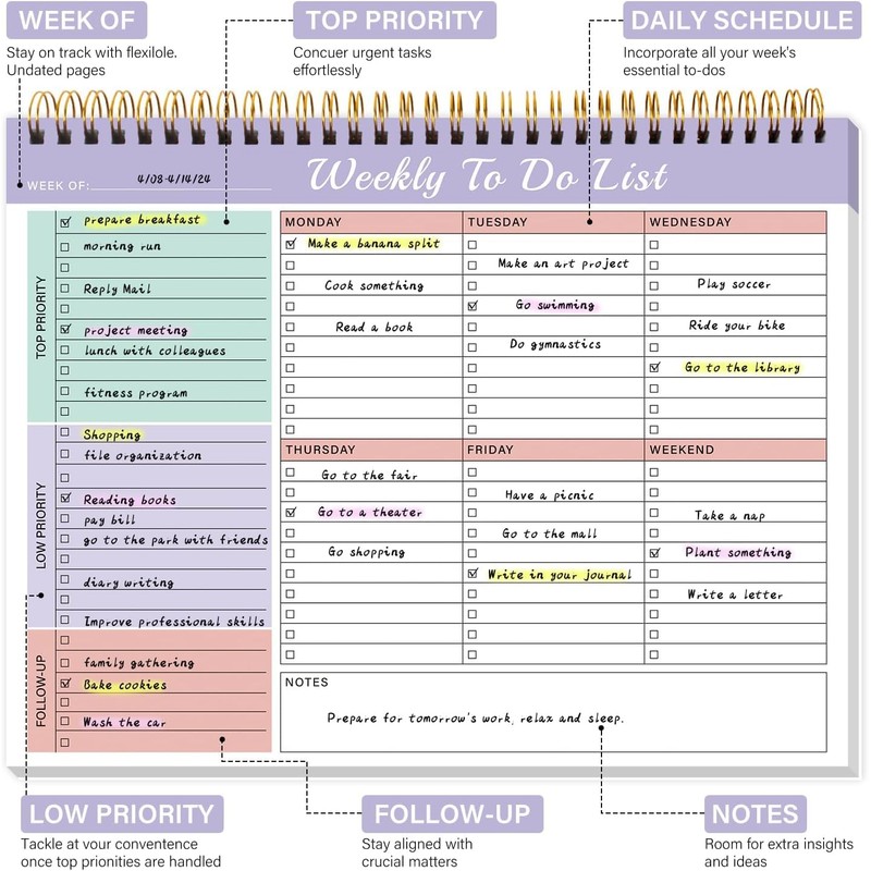 Weekly To Do List Notepad with 52 Undated Sheets（8.5"×11"）- Undated