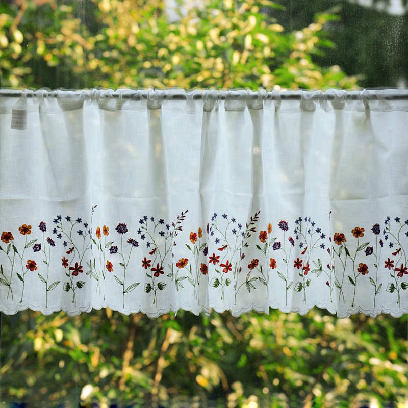 yurlisa KFL027 Sheer Embroidery Pastoral Style Cafe Curtain Kitchen Curtain