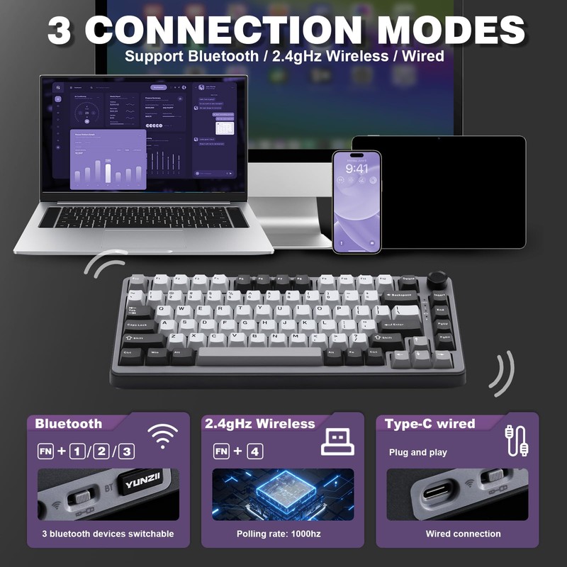 YUNZII B75 PRO Wireless Mechanical Keyboard,75% Layout with Knob,Hot Swap