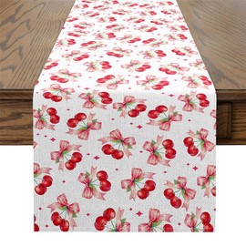jejeloiu Pink Bowknot Kitchen Dining Table Decoration for Home Party Girly Cherry Bow Table Runner for Kids Boys Girls Pink Bow Dresser Scarfs Dresser Runners Cute Princess Style Room 13" x 91"