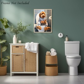 Dazzlewall Funny Animal Bathroom Wall Art, Dog Playing with Phone on Toilet Canvas Painting for Toilet Bathroom 12x16 Inch Unframed