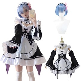 Kamiawase Goods Rem Cosplay Wig Included, Short Blue Hair Re:Zero Cosplay Costume, For Adults, Cultural Festivals, Events, Costume, Stage Costume (Rem Wig Included, 3XL)