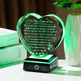 Arikyrist Meaningful Sister in Law Gifts with Colorful LED Base Wedding Birthday Gifts for Sister in Law Heart Crystal Keepsake Gift Ideas for Mother's Day Christmas Thanksgiving