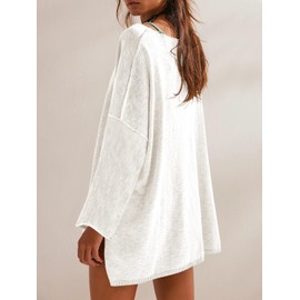 Tankaneo Womens Long Sleeve Shirts Oversized Lightweight Sweaters Crewneck Side Slit Hem Casual Blouse Tunic Tops White