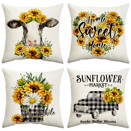 Hofomca Spring Summer Sunflower Throw Pillow Covers 20x20 Inch Set of 4,Yellow Flowers Pillow Farmhouse Black and White Cow Buffalo Plaid Home Decorative for Couch Sofa Outdoor Living Room