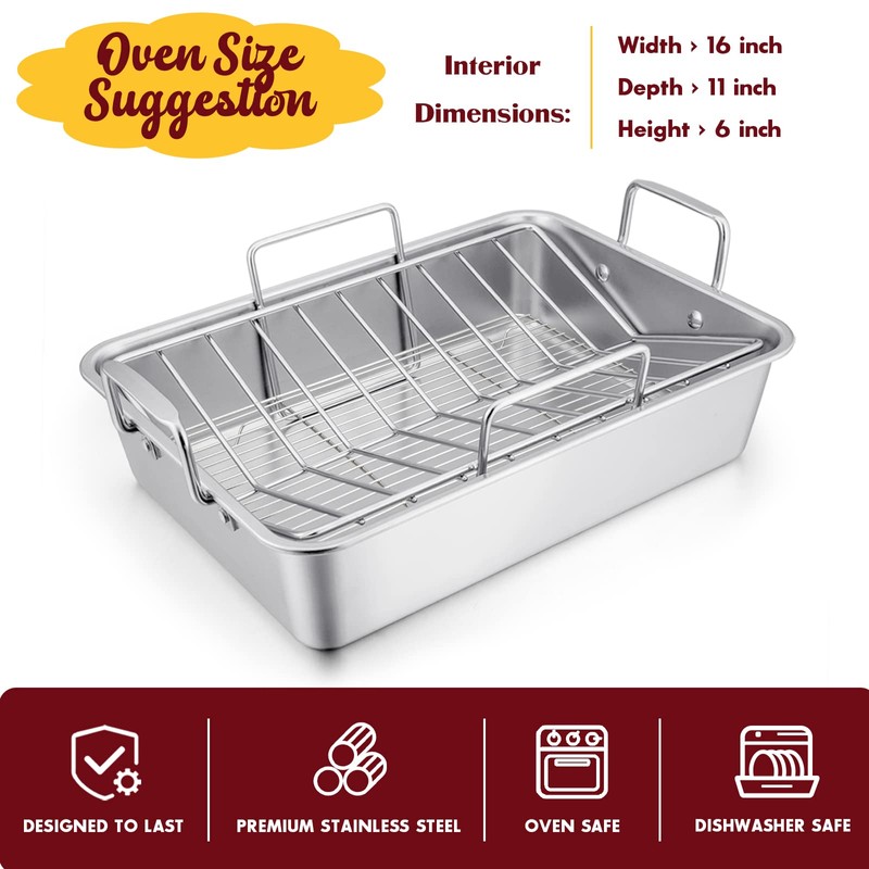 E-far 14 x 10.6 Inch Roasting Pan, Stainless Steel Turkey