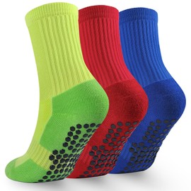 Kids Grip Soccer Socks Boys Basketball Crew Socks Cushioned Athletic Non Slip Socks Girls Running Sports 4-7 Years Children 3 Pairs (Blue+Neon Green+Red, S)