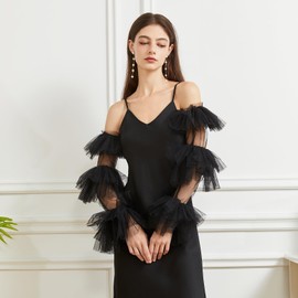 BRYCTSISEN Long Sheer Tulle Gloves Puffy Mesh Gloves for Women Fingerless Wedding Stretchy Opera Gloves for Evening Costume Dance Party (Black3, Standard)