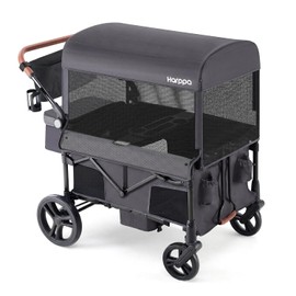 Harppa Remy Wagon Stroller for 4 Kids, Foldable 4-Seater Stroller Wagon with Mosquito Net Canopy,Snack Tray, All-Terrain 11.5" Wheels, 280Ibs Capacity for Zoo,Growing Family Outings Toddler Grey