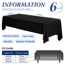 Zomiol 6 Pack Black Table Cloths Rectangle 6ft 60×102 Inch Polyester Black Tablecloth Washable Wrinkle Resistant Table Covers for Wedding Party Birthday Banquet