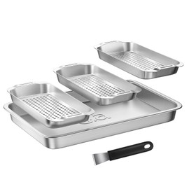 Grill Basket Set - BBQ Grill Tray with 3-Piece Grill Basket & Universal Handle, Heavy-Duty Stainless Steel, Dishwasher Safe, Rust-Resistant for Outdoor Cooking, Camping, Picnic, Gas, Charcoal Grills