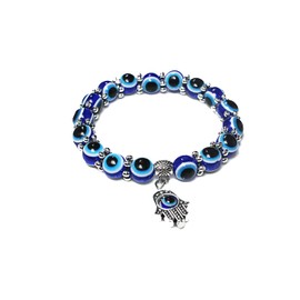 Yienate Vintage Blue Evil Eye Hamsa Hand Bracelet Black Magnetic Elastic Bracelet Silver Pearl Resin Blue Eye Flat Bead Bracelet for Women and Girls (Not Magnetic), Metal