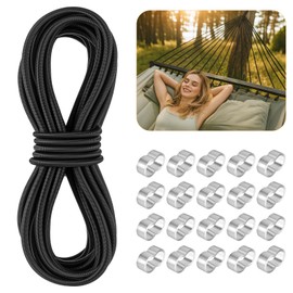 HGRGHH Rubber Cord Expander Rope 6 mm 10 m Black Elastic Rubber Cord with 20 M6 Aluminium Crimping Loop, Rubber Cord for Trailer Tarpaulin, DIY Crafts Sewing, Luggage, Camping, Sailing Tarpaulin Rope