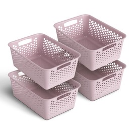 Pack of 4 Storage Baskets 10 L with Handles - BPA-Free - Organiser (37 x 26 x 17 cm / Pink) - Baskets for Bathroom Kitchen Bedroom Household Basket