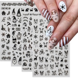 Black Christmas Nail Stickers Decals for Women Girls, 4 Sheets with 200+ Black Cartoon Xmas Designs - Snowflakes, Gingerbread, Reindeer, Santa - Self-Adhesive Nail Art for Holiday Manicure