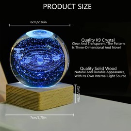 3D Crystal Ball Night Light, USB 3D Solar System Planets Crystal Ball Night Light Creative Night Scene Astronomy LED Ball Lamp, with Wooden Base, 3D Solar System Crystal Ball, Valentine's Day Gifts