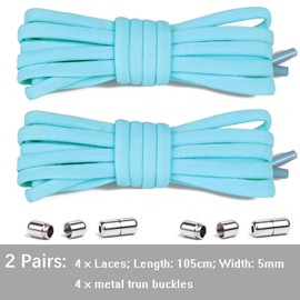 Olukssck 2 Pairs of Elastic Shoelaces with No Tying - Quick Lacing System with Metal Lock, Set for Runners, Children, 105 cm Length, Diameter 5 mm, Light Blue