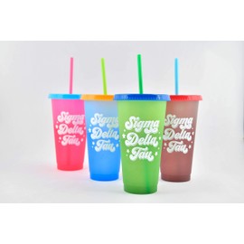 Sorority Shop Sigma Delta Tau Color Changing Cups - Pack of 4 Reusable Cups with Lids and Straws, Sigma Delta Tau Cup, Perfect Size 24 Oz Tumbler Cups, Mix and Match Lids With Cool Retro Design