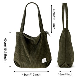 KALIDI Thicken Corduroy Totes Bag Extra Large Capacity Handbags Shoulder Bags with Zipper Cord Tote Bag for Women Ladies Girls Casual Shopping Bag for Work School College Daily Use,Green