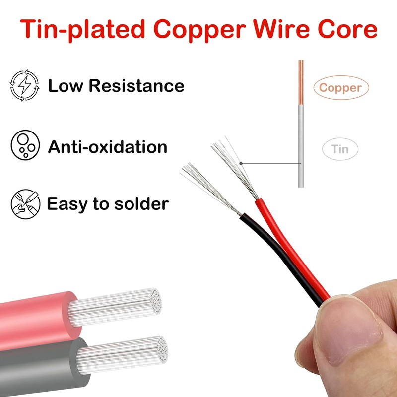 65.6ft 2pin 22AWG Electrical Wire, 22/2 20m Low Voltage Red