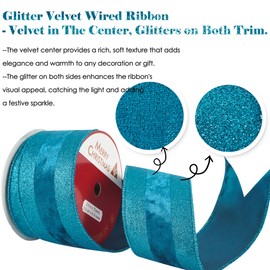 HUIHUANG Turquoise Velvet Wired Ribbon with Glitter Stripe Edges 2.5 inch Truquoise Blue Christmas Ribbon for Trees, Bows Making, Wreath Supplies, Gift Wrapping, Garland, Home Decor, Crafts -10 Yards